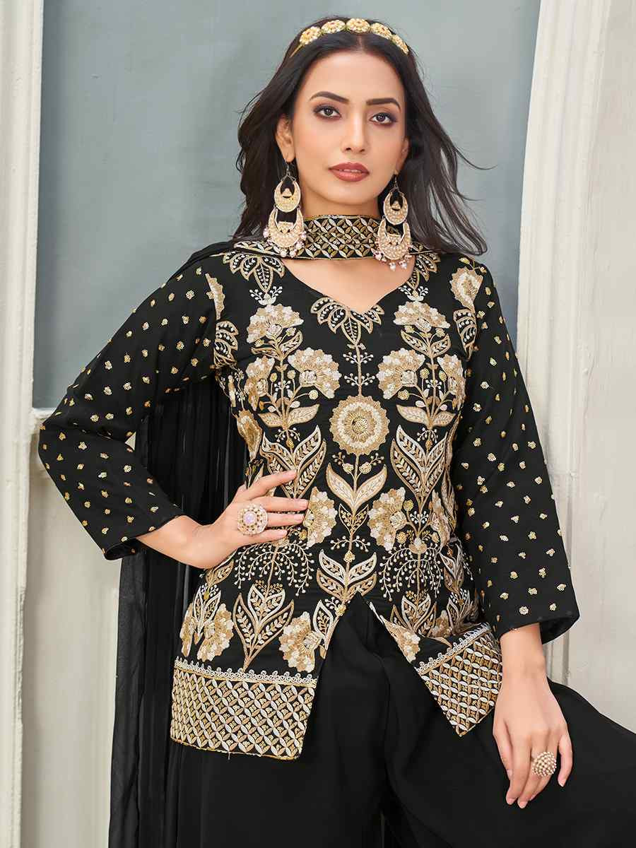 Black Heavy Faux Georgette Embroidered Festival Party Ready Palazzo Pant Salwar Kameez