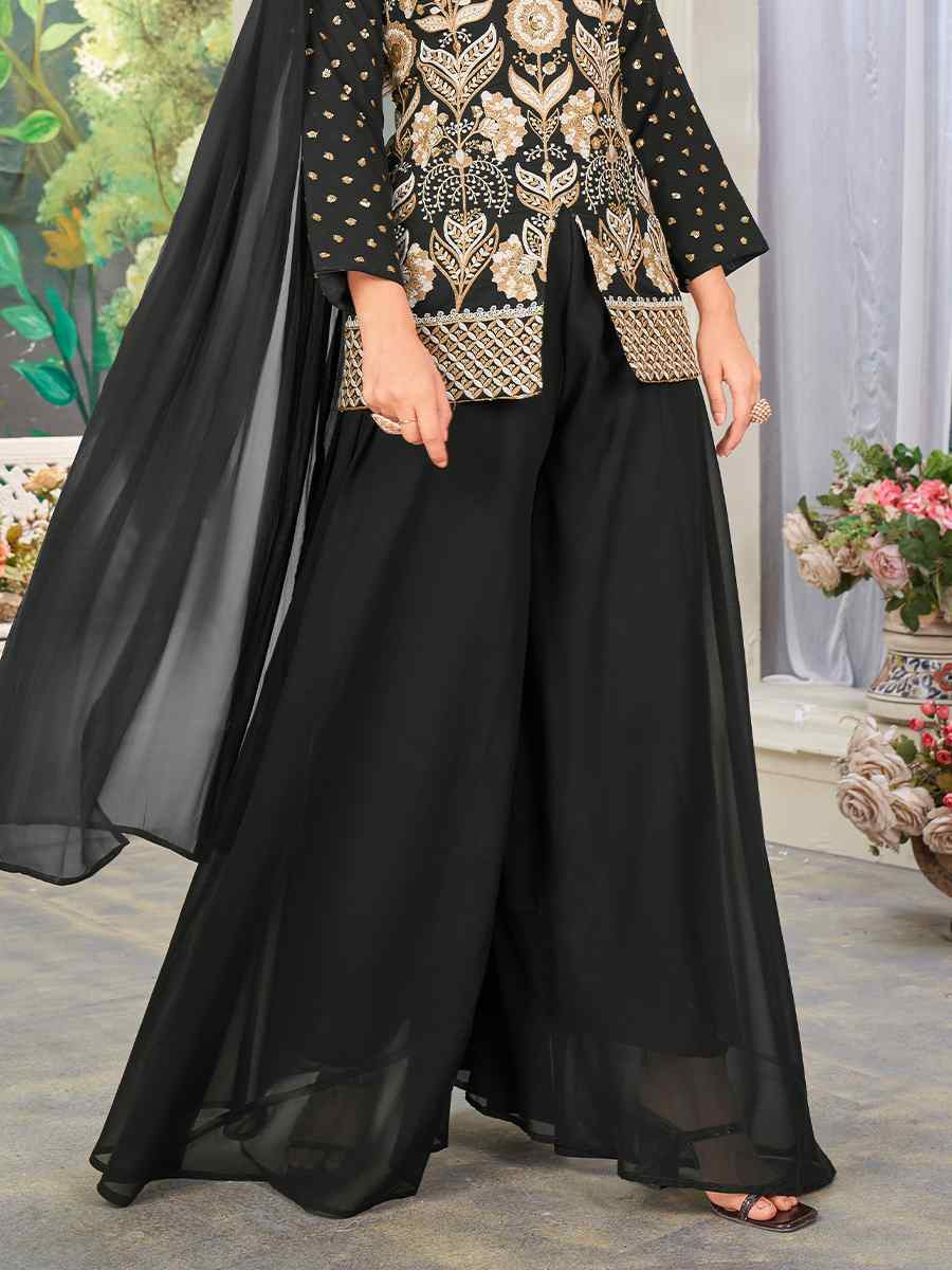 Black Heavy Faux Georgette Embroidered Festival Party Ready Palazzo Pant Salwar Kameez