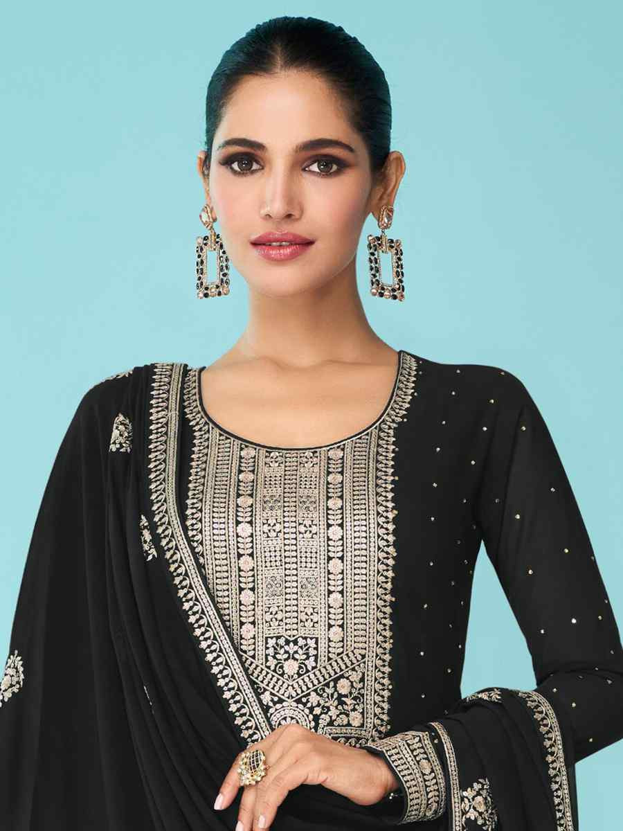 Black Heavy Faux Georgette Embroidered Festival Wedding Palazzo Pant Salwar Kameez