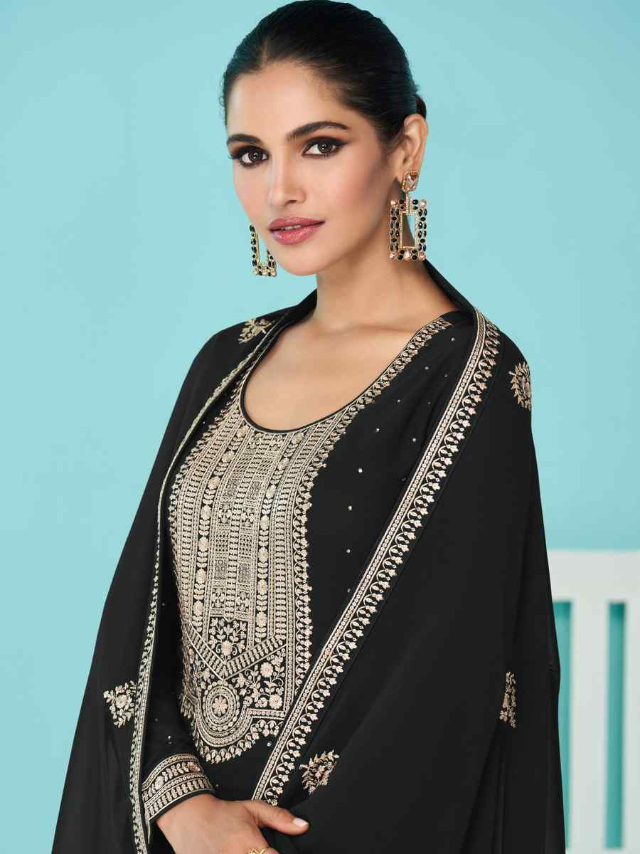 Black Heavy Faux Georgette Embroidered Festival Wedding Palazzo Pant Salwar Kameez