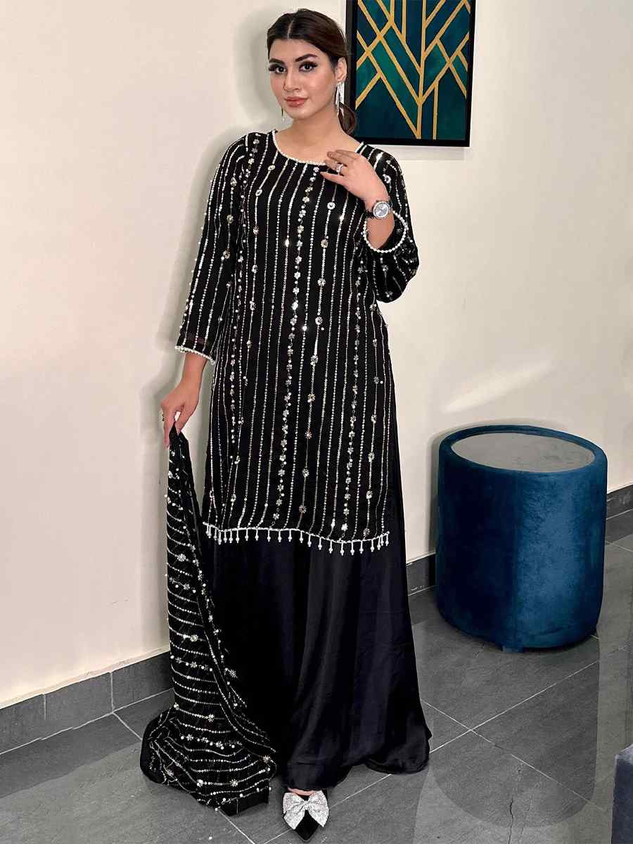 Black Heavy Georgette Embroidered Festival Wedding Palazzo Pant Ready Salwar Kameez