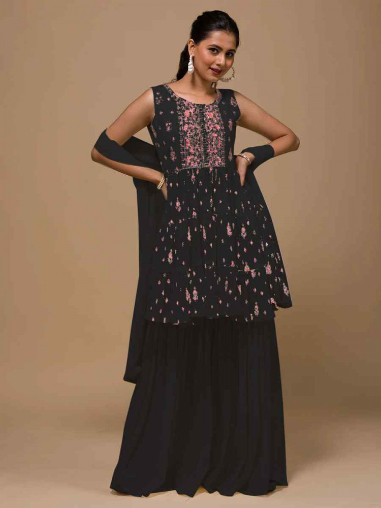 Black Heavy Georgette Embroidered Festival Wedding Ready Sharara Pant Salwar Kameez