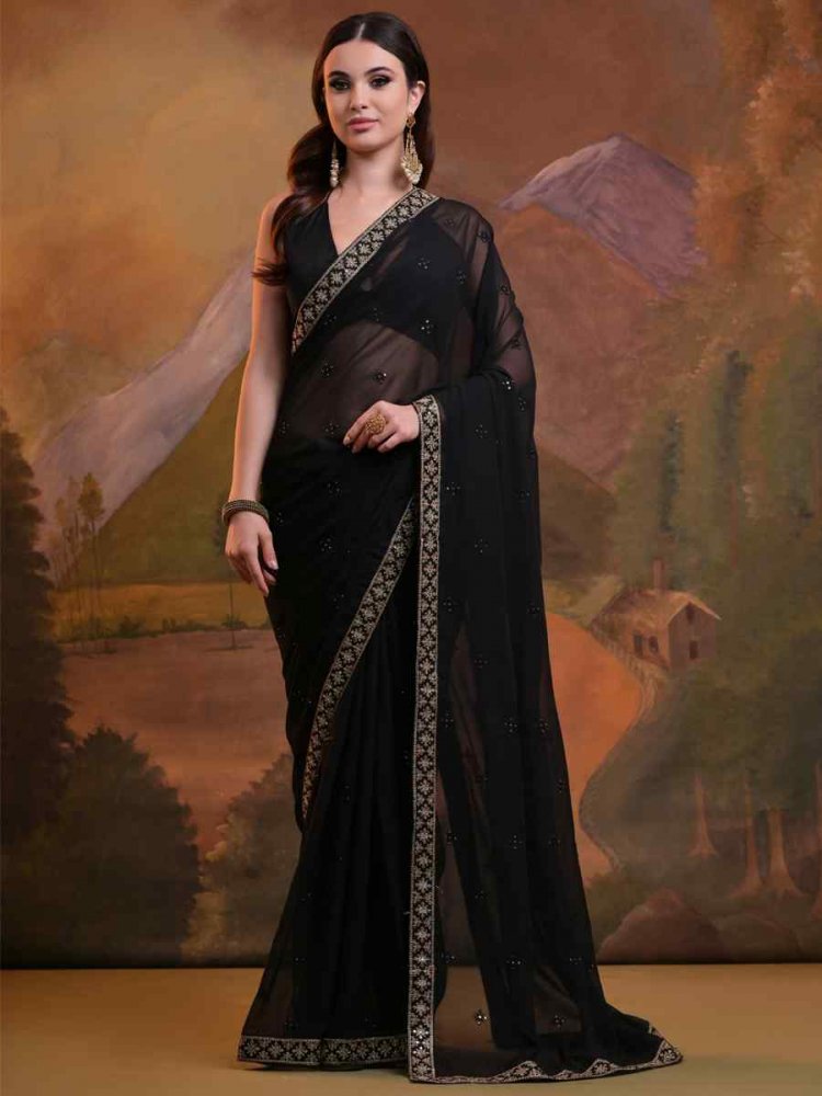 Black Heavy Georgette Handwoven Festival Wedding Classic Style Saree