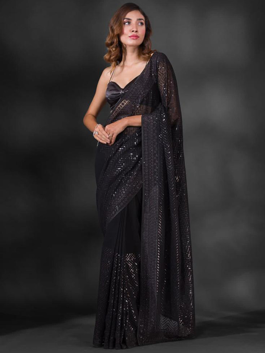 Black Heavy Georgette Sequins Cocktail Party Classic Style Saree