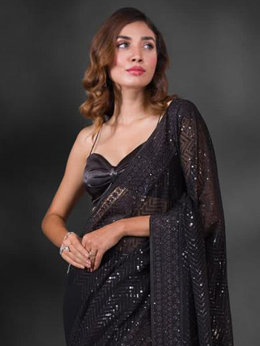 Black Heavy Georgette Sequins Cocktail Party Classic Style Saree