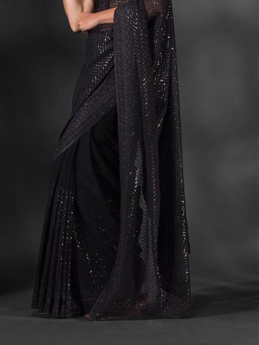 Black Heavy Georgette Sequins Cocktail Party Classic Style Saree