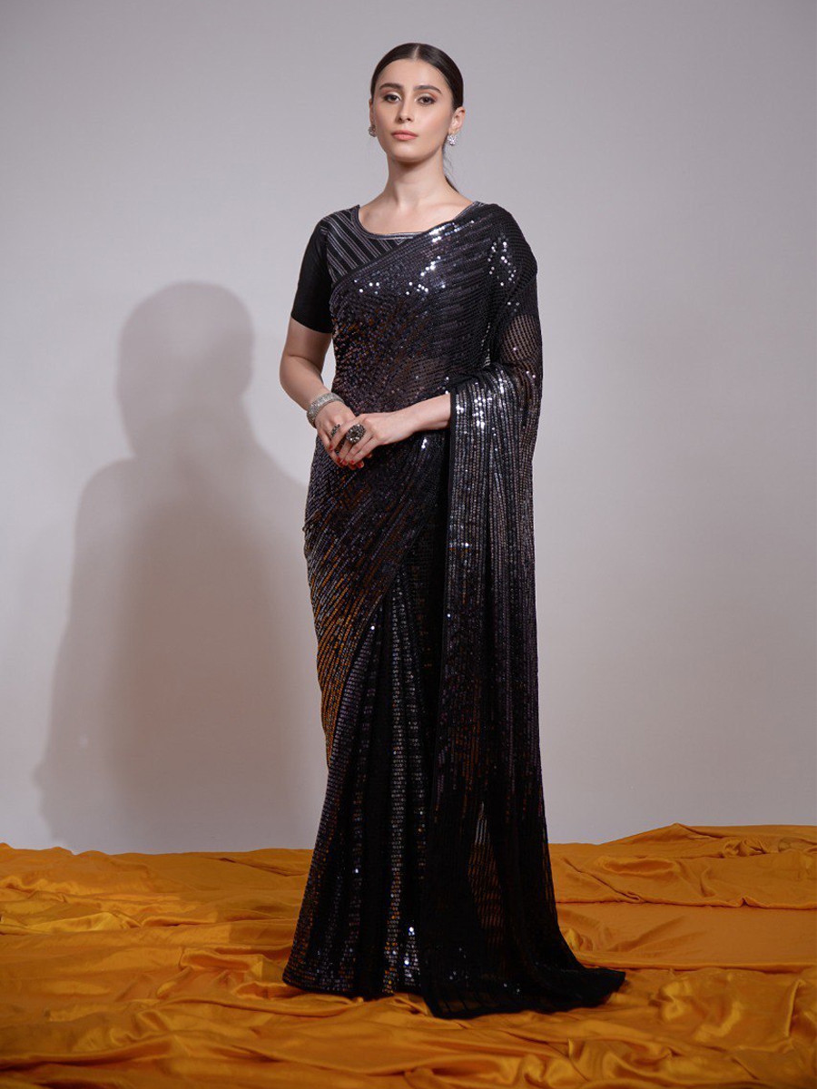 Black Heavy Georgette Sequins Cocktail Party Classic Style Saree