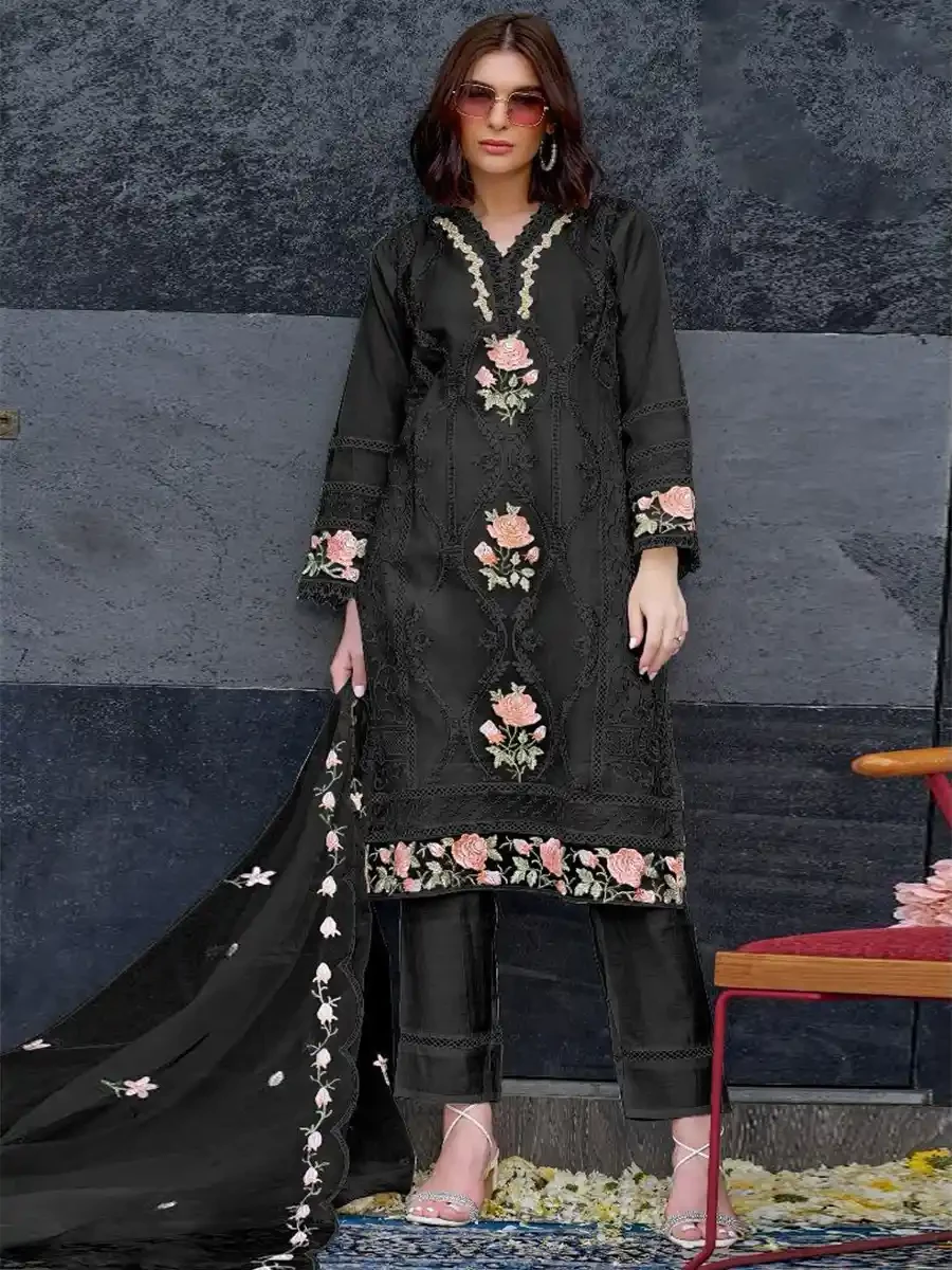 Black Heavy Organza Embroidered Festival Casual Pant Salwar Kameez