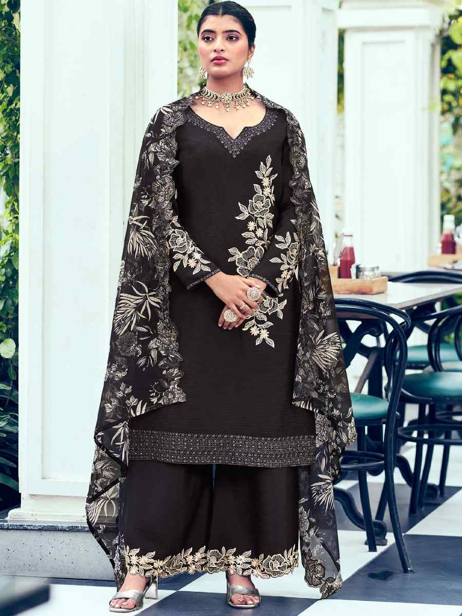 Black Heavy Premium Chinon Embroidered Festival Mehendi Palazzo Pant Salwar Kameez