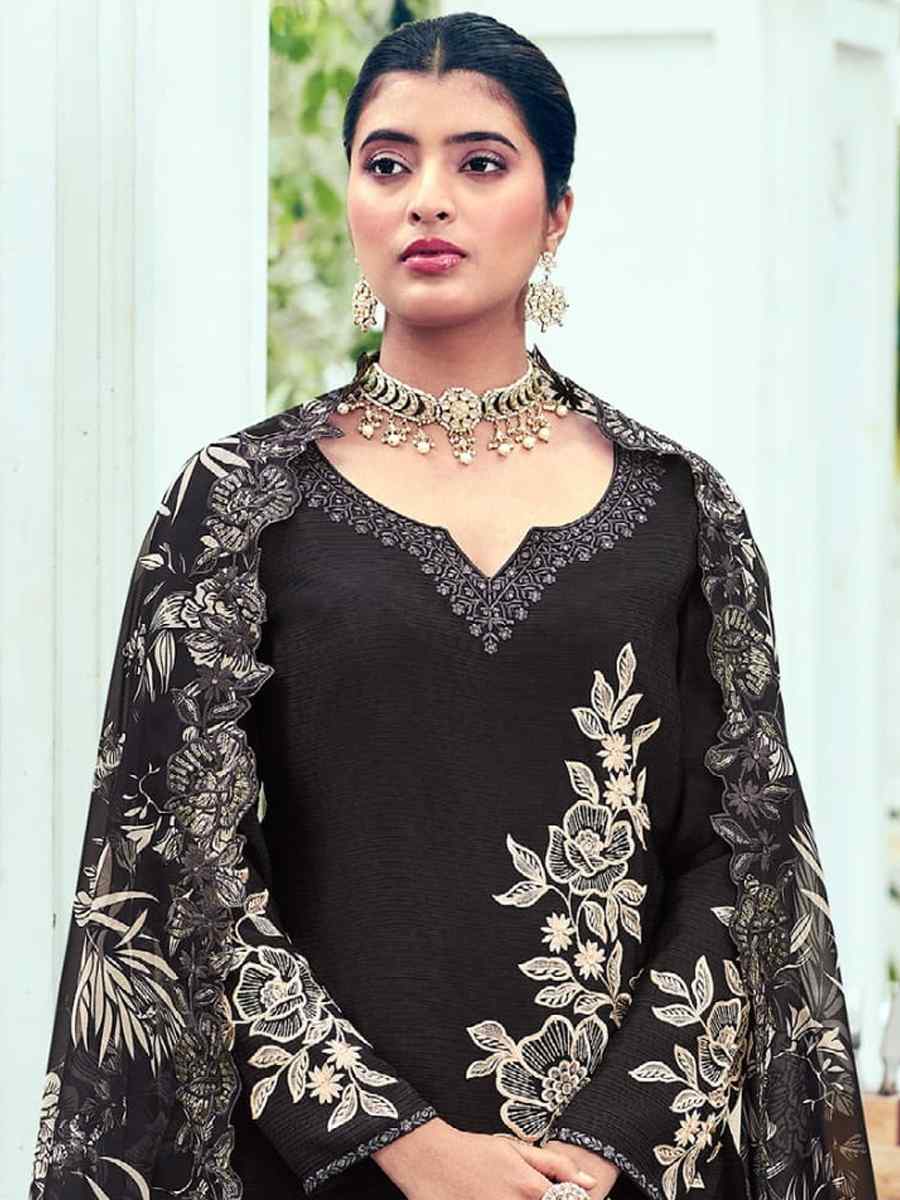 Black Heavy Premium Chinon Embroidered Festival Mehendi Palazzo Pant Salwar Kameez