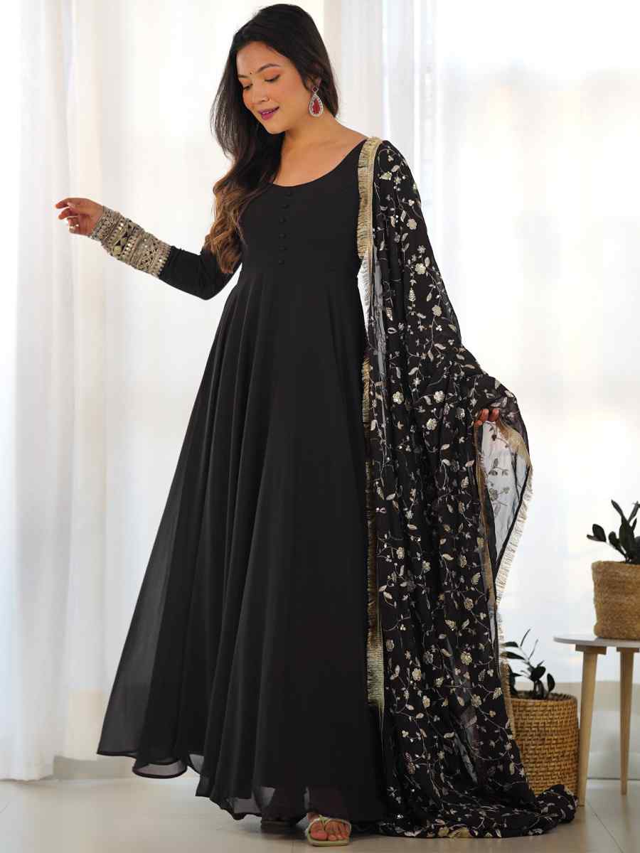 Black Heavy Pure Soft Faux Georgette Embroidered Festival Mehendi Ready Anarkali Salwar Kameez