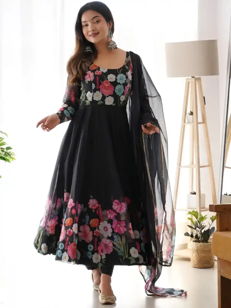 Black Heavy Pure Soft Organza Silk Embroidered Festival Party Ready Anarkali Salwar Kameez