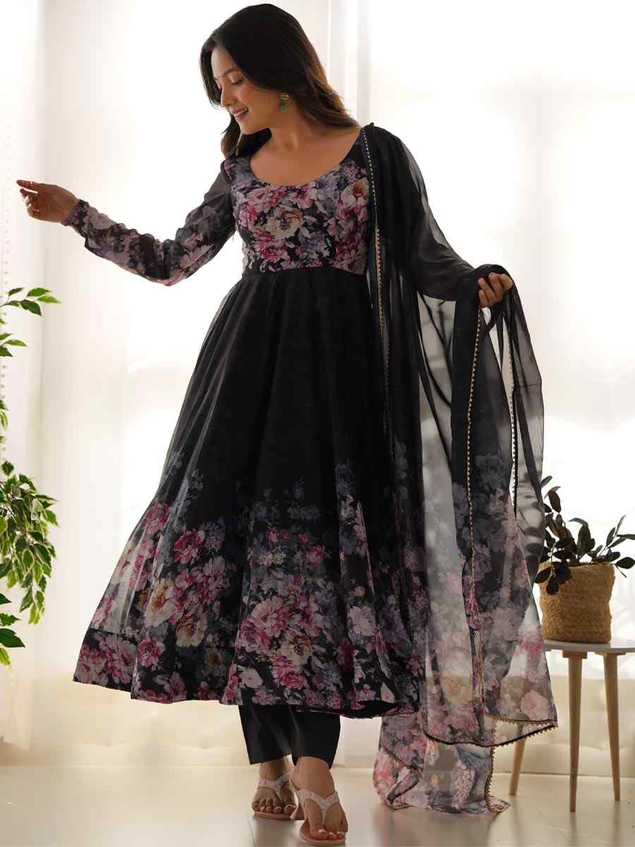 Black Heavy Pure Soft Organza Silk Printed Festival Casual Ready Anarkali Salwar Kameez
