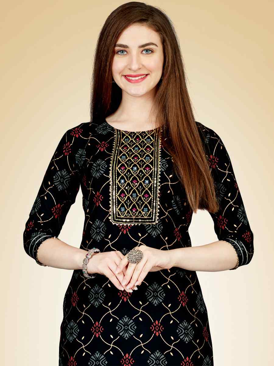 Black Heavy Rayon 14 Kgs Embroidered Festival Casual Kurti With Bottom