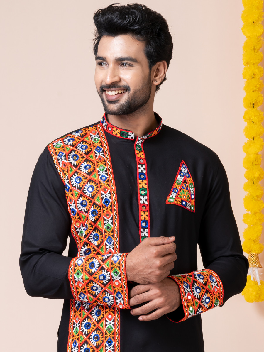 Black Heavy Rayon Embroidered Festival Wedding Kurta