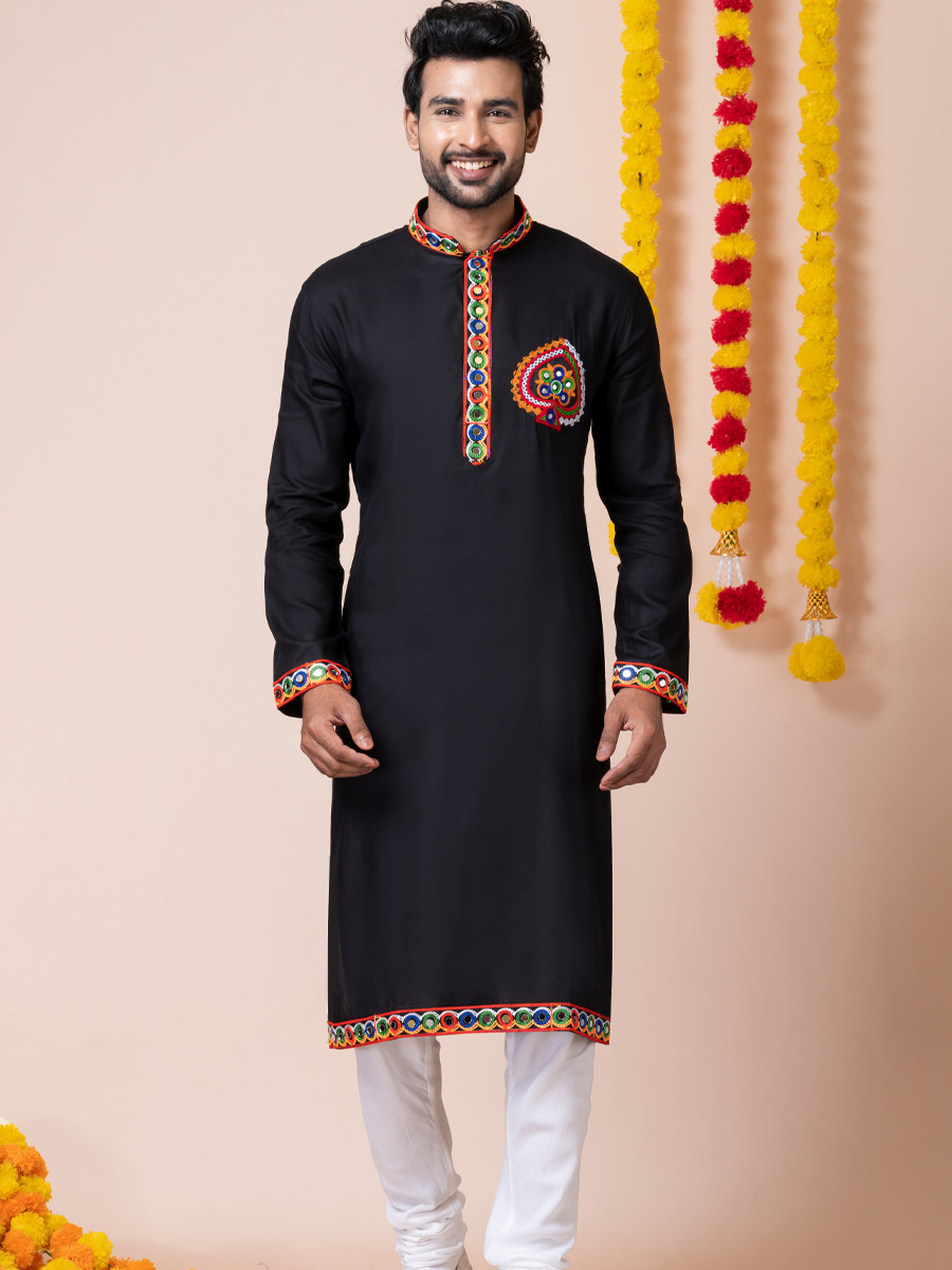 Black Heavy Rayon Embroidered Festival Wedding Kurta