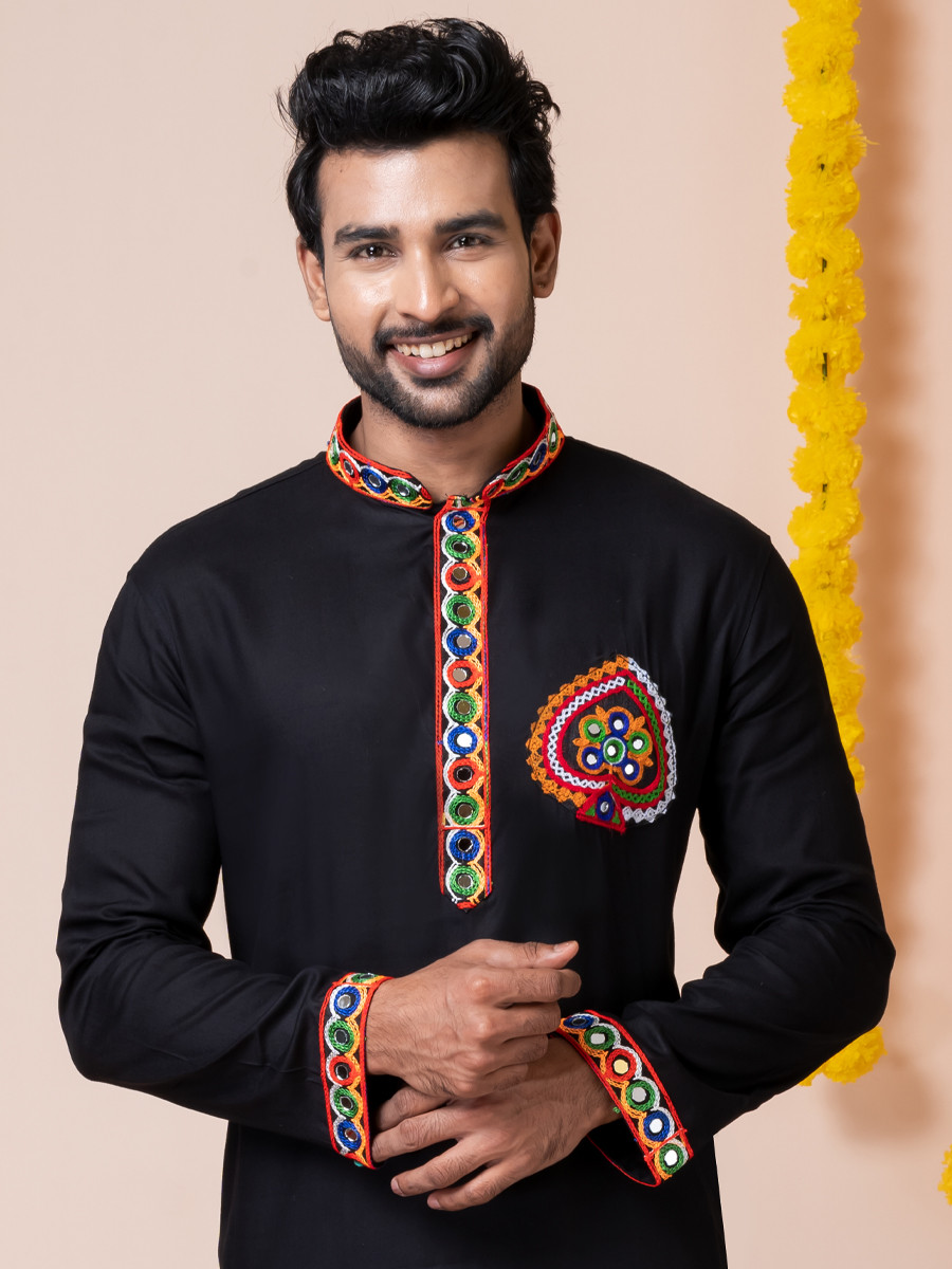 Black Heavy Rayon Embroidered Festival Wedding Kurta