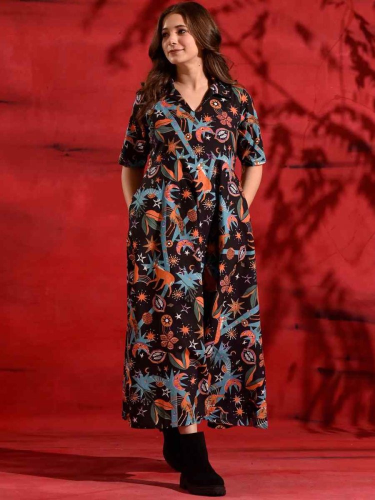 Black Heavy Rayon Printed Festival Casual Gown