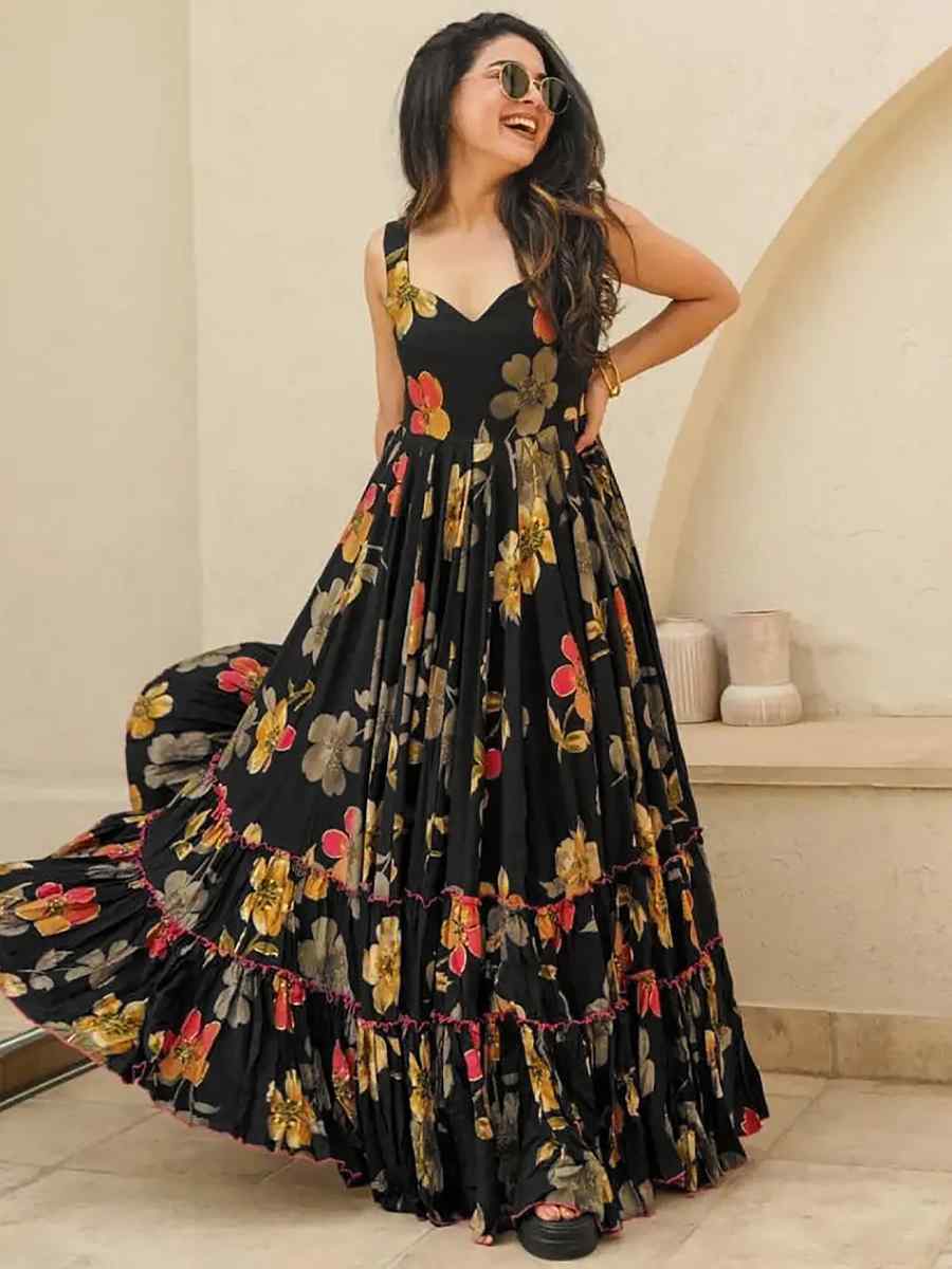 Black Heavy Rayon Printed Festival Casual Gown