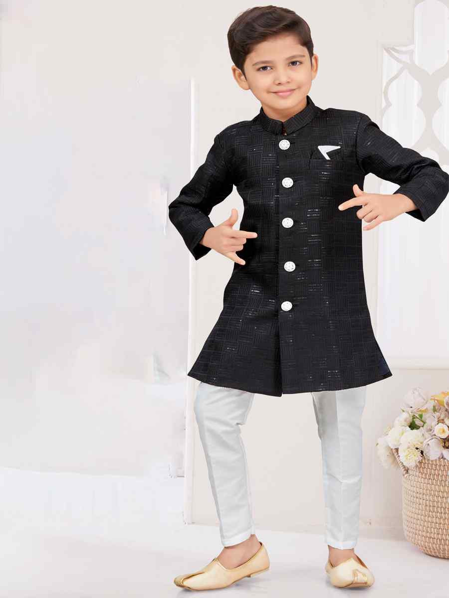 Black Jacquard Embroidered Festival Wedding Kurta Pyjama Boys Wear