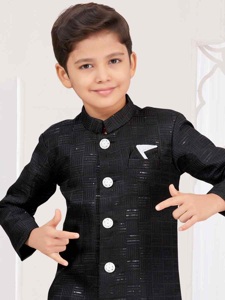 Black Jacquard Embroidered Festival Wedding Kurta Pyjama Boys Wear