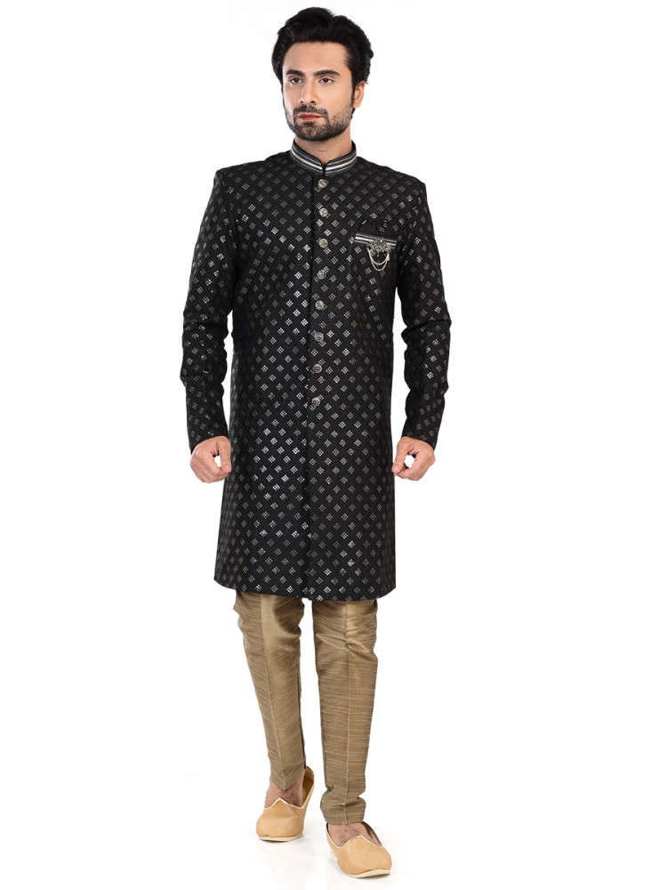 Black Jacquard Silk Brocade Embroidered Party Wedding Kurta