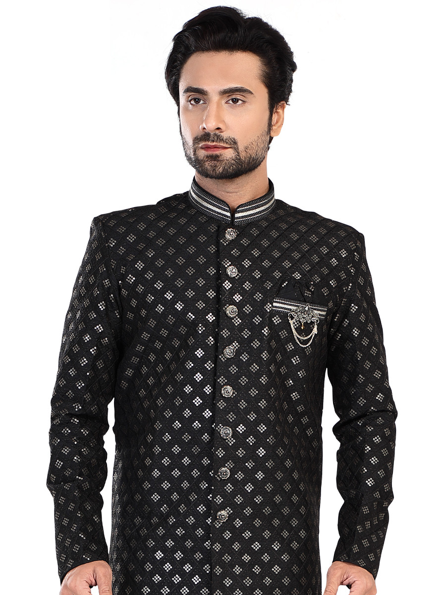 Black Jacquard Silk Brocade Embroidered Party Wedding Kurta