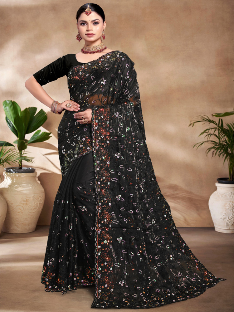 Black Jimmy Choo Silk Embroidered Reception Wedding Heavy Border Saree