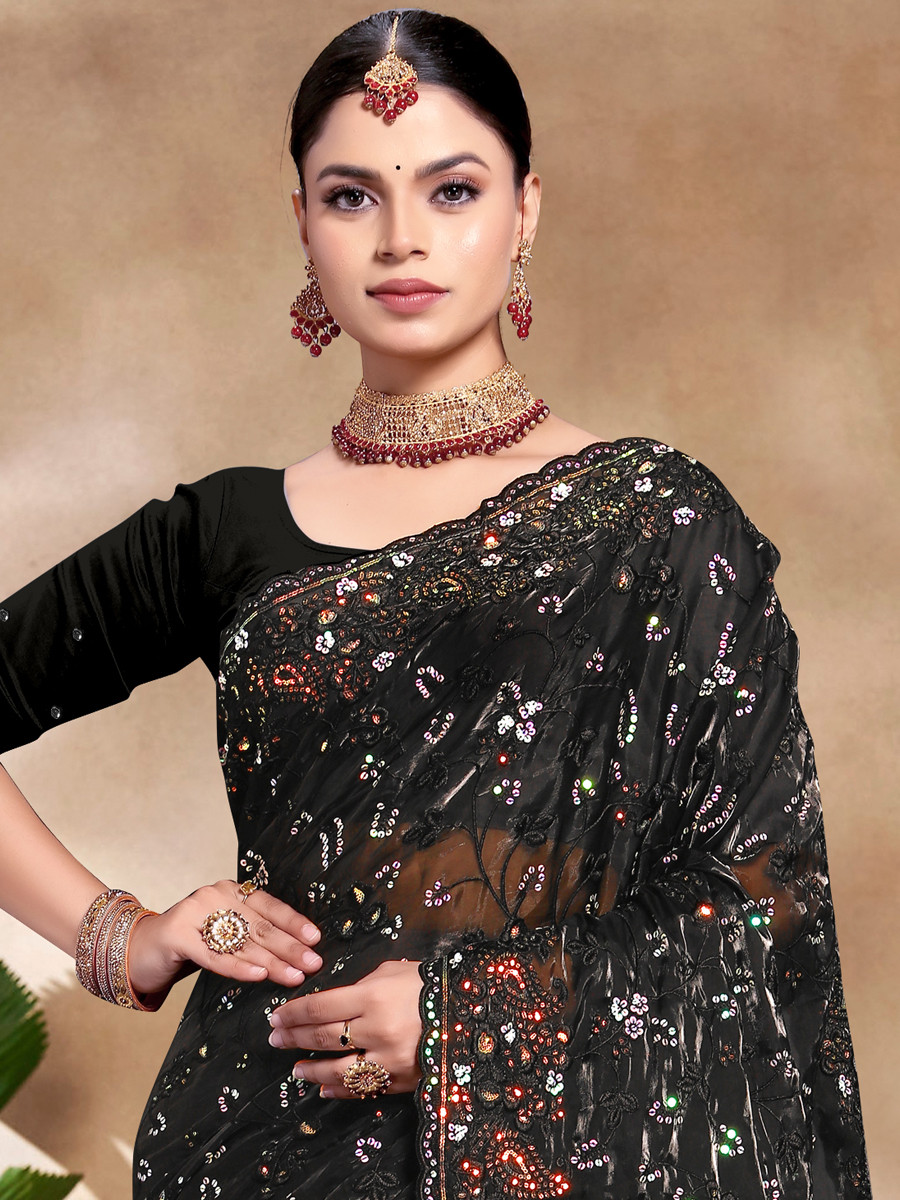 Black Jimmy Choo Silk Embroidered Reception Wedding Heavy Border Saree