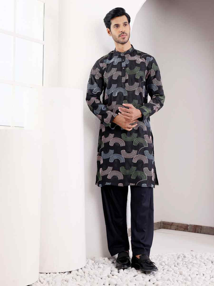 Black Linen Embroidered Festival Casual Kurta