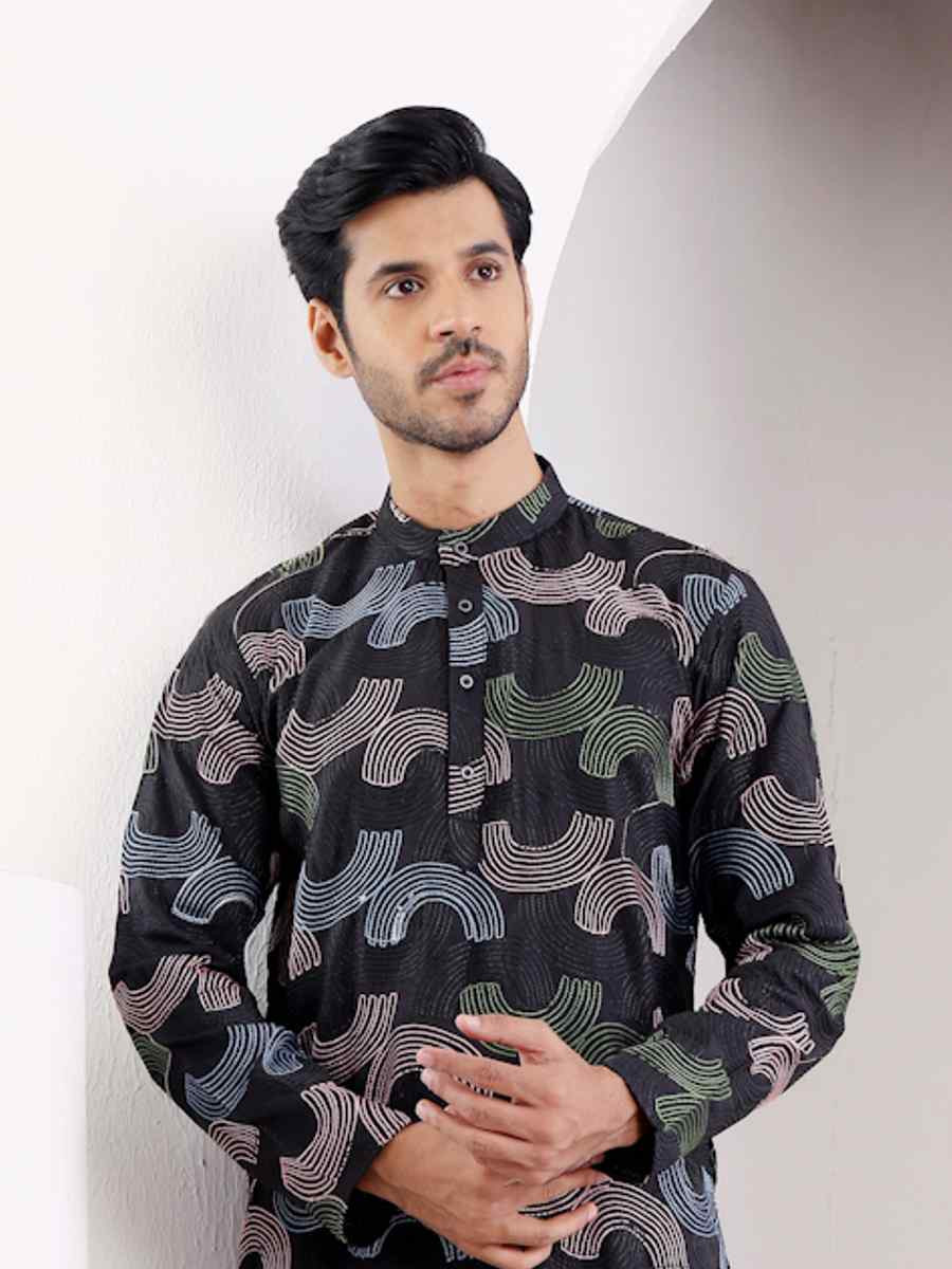 Black Linen Embroidered Festival Casual Kurta