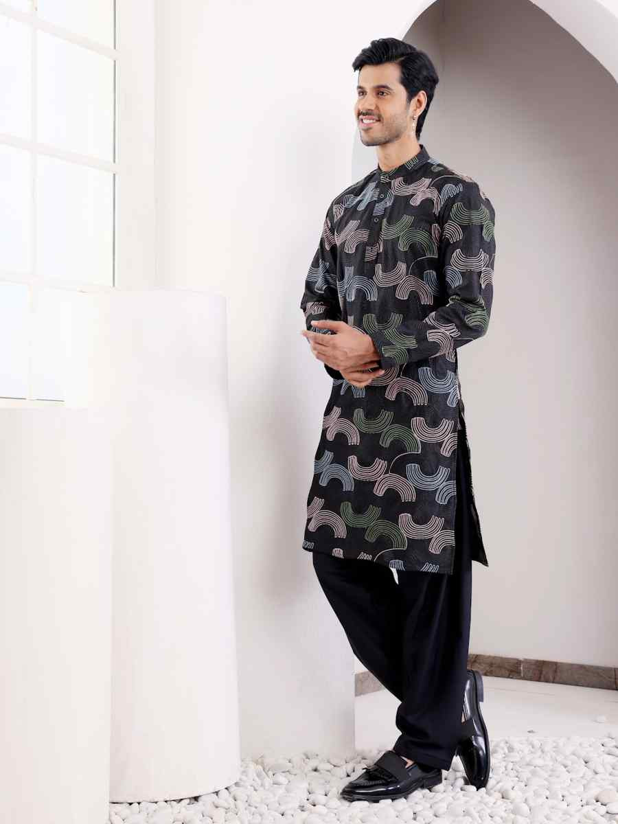 Black Linen Embroidered Festival Casual Kurta