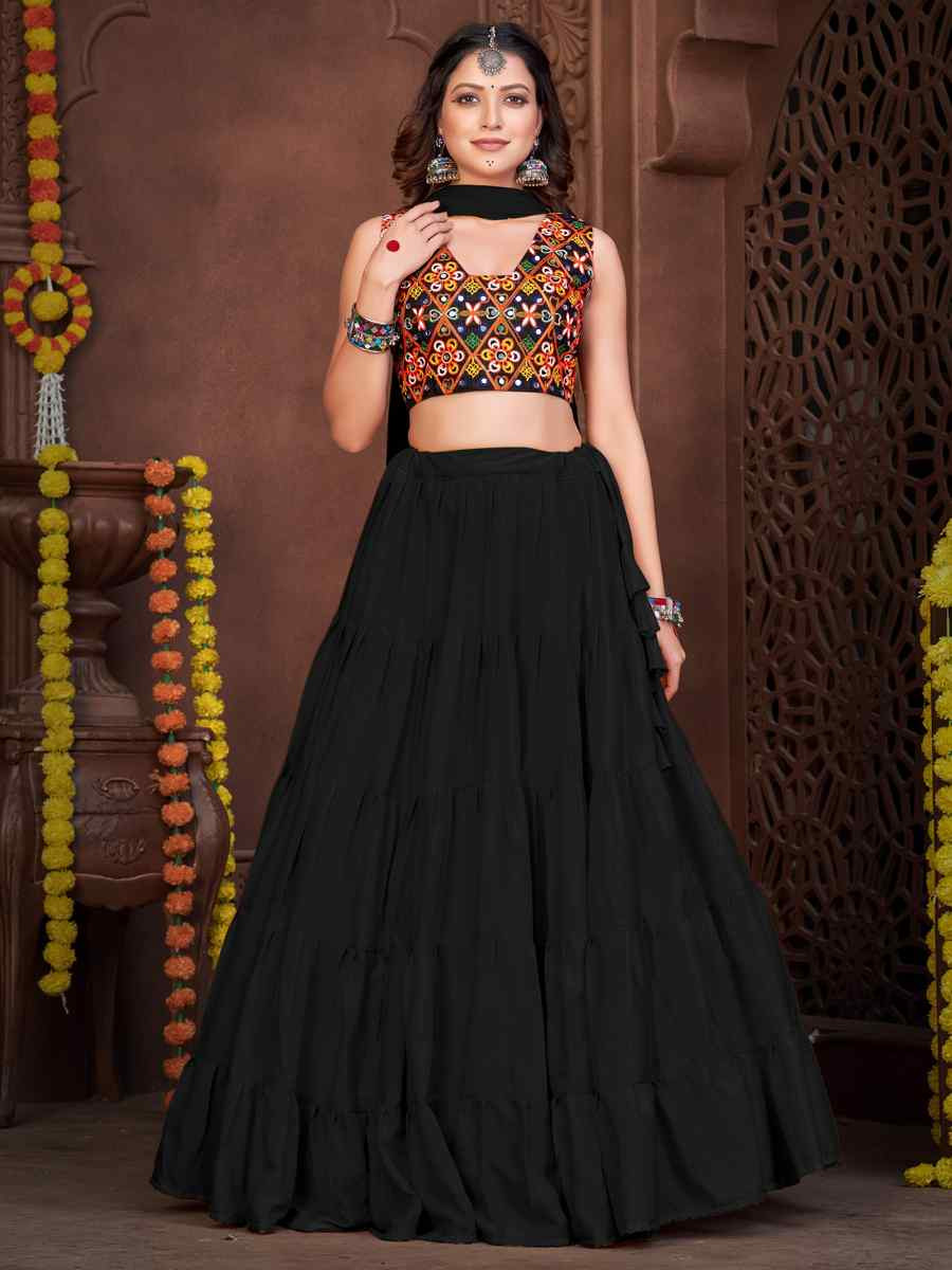 Black Mono Silk Embroidered Festival Mehendi Traditional Lehenga Choli