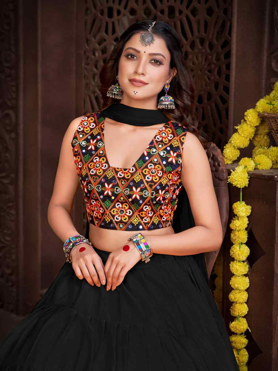 Black Mono Silk Embroidered Festival Mehendi Traditional Lehenga Choli