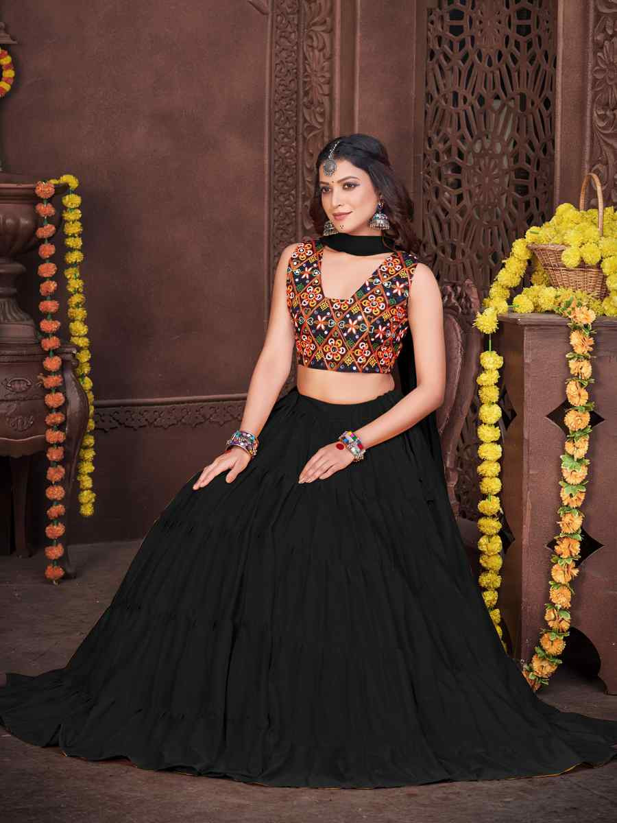 Black Mono Silk Embroidered Festival Mehendi Traditional Lehenga Choli