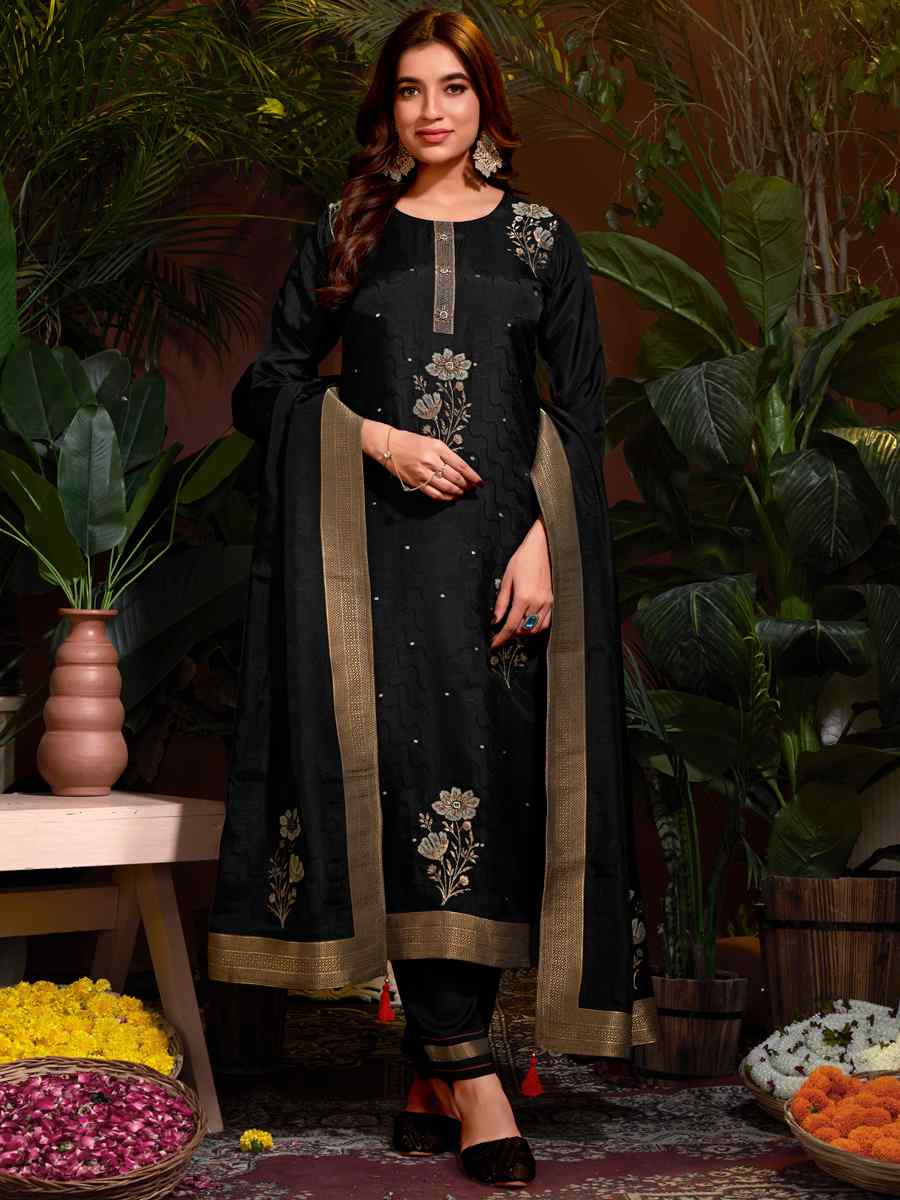 Black Natural Viscose Embroidered Festival Mehendi Ready Pant Salwar Kameez