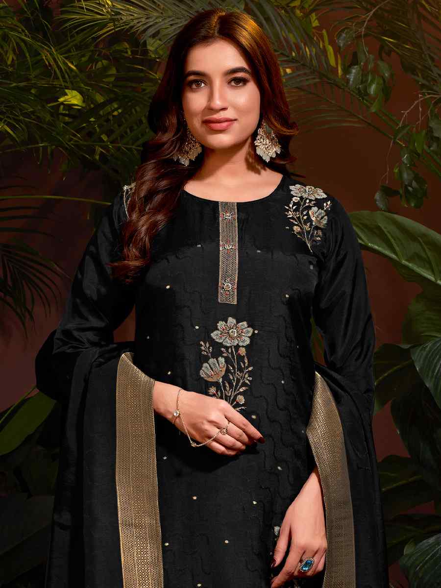 Black Natural Viscose Embroidered Festival Mehendi Ready Pant Salwar Kameez