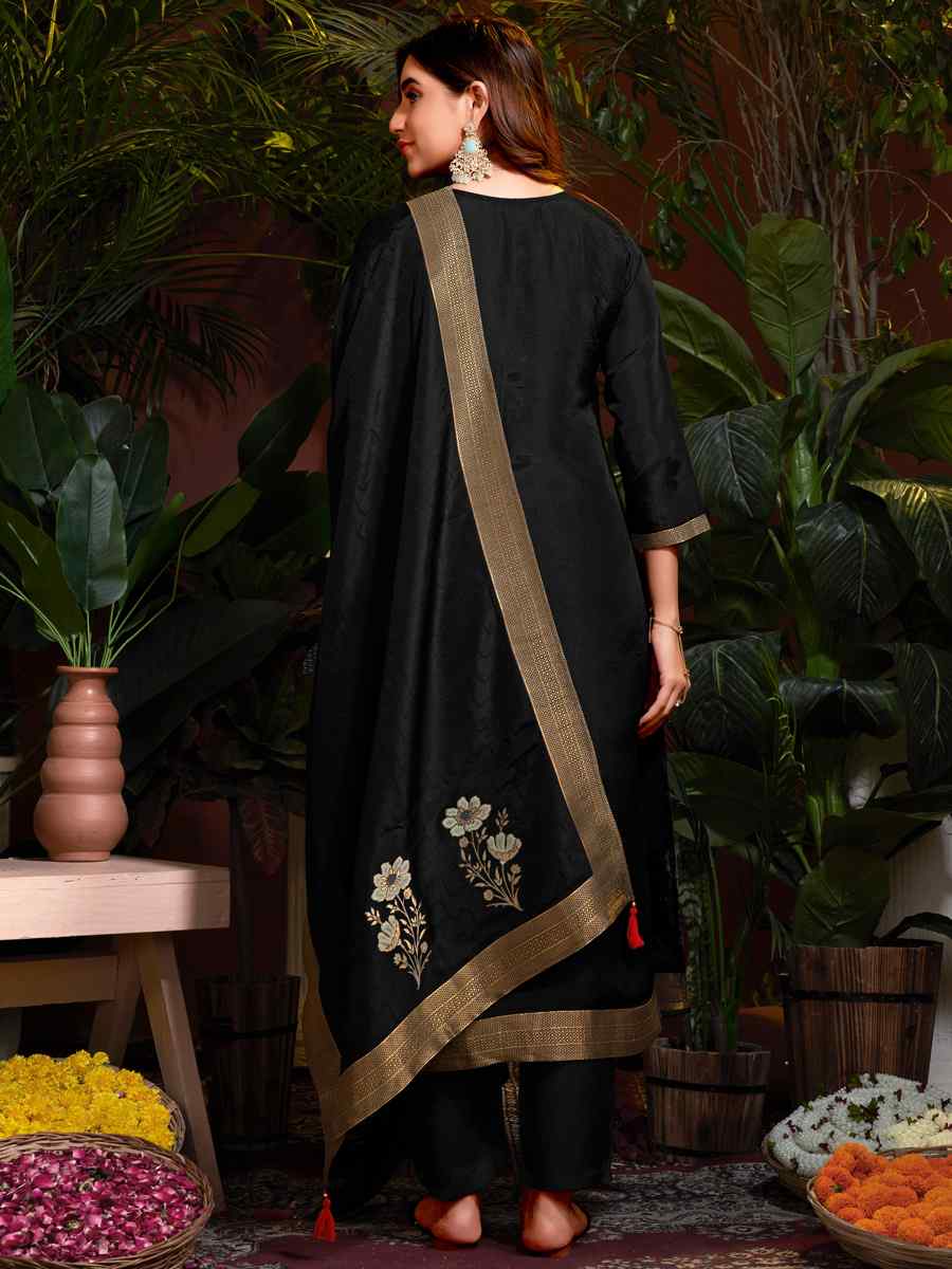 Black Natural Viscose Embroidered Festival Mehendi Ready Pant Salwar Kameez