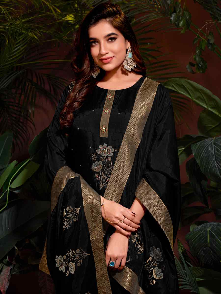 Black Natural Viscose Embroidered Festival Mehendi Ready Pant Salwar Kameez