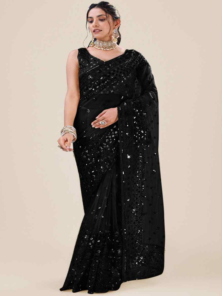 Black Net Embroidered Party Festival Heavy Border Saree