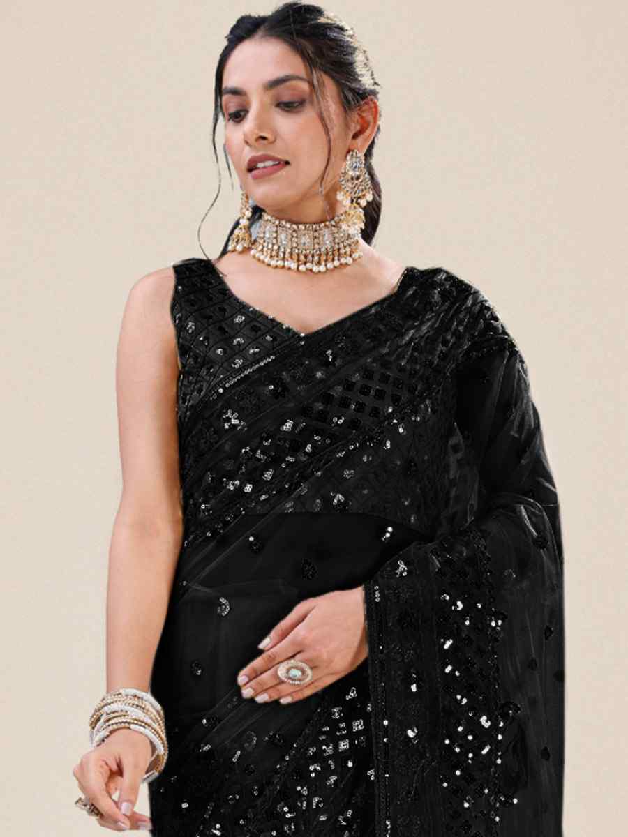 Black Net Embroidered Party Festival Heavy Border Saree