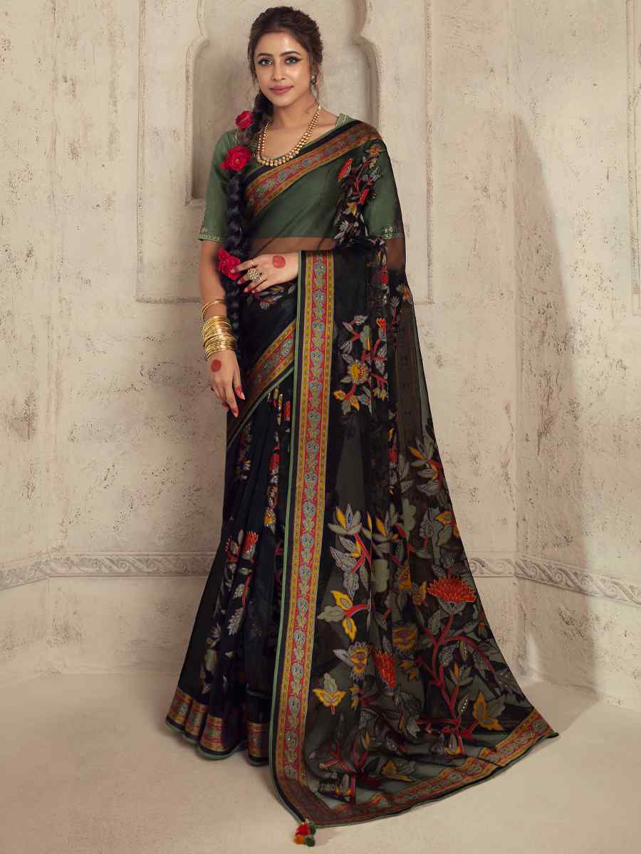 Black Organza Brasso Embroidered Festival Wedding Heavy Border Saree