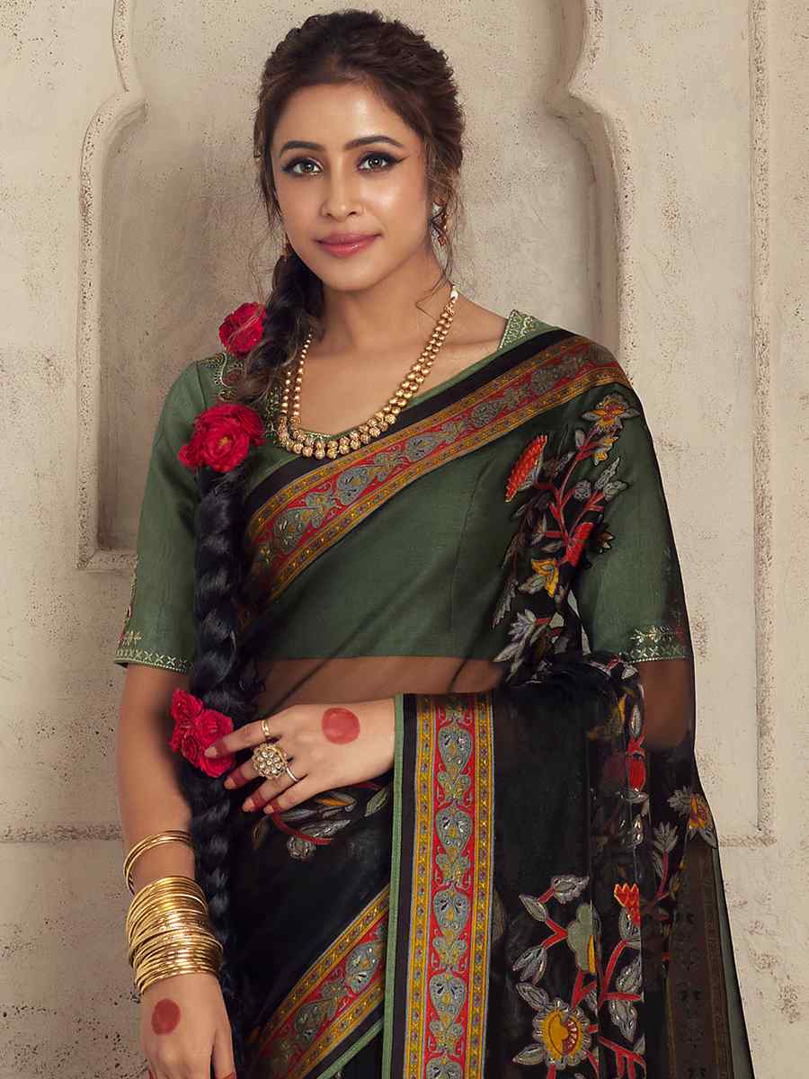 Black Organza Brasso Embroidered Festival Wedding Heavy Border Saree