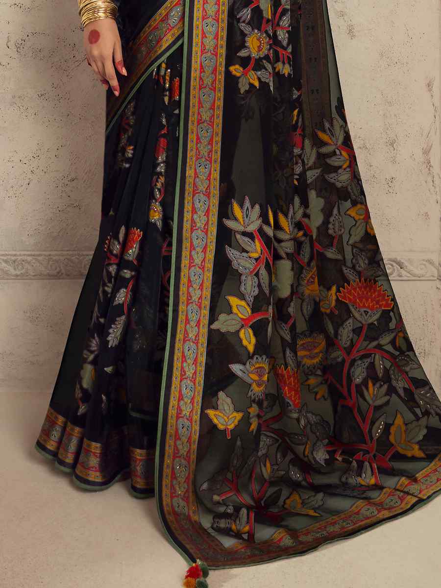 Black Organza Brasso Embroidered Festival Wedding Heavy Border Saree