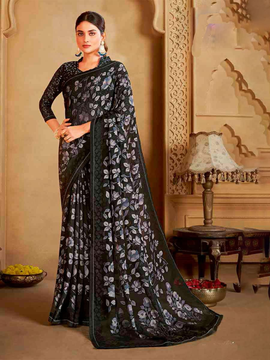 Black Organza Printed Festival Casual Contemporary Saree