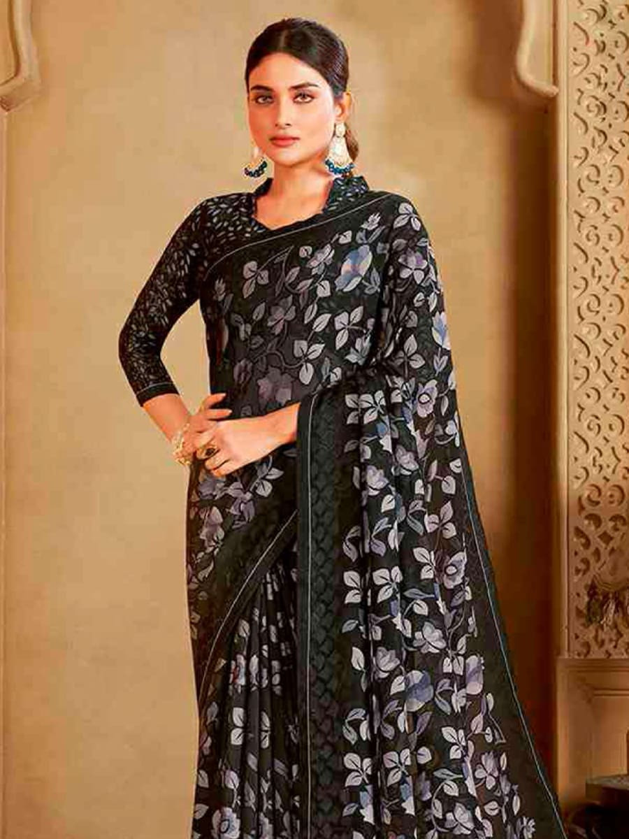 Black Organza Printed Festival Casual Contemporary Saree