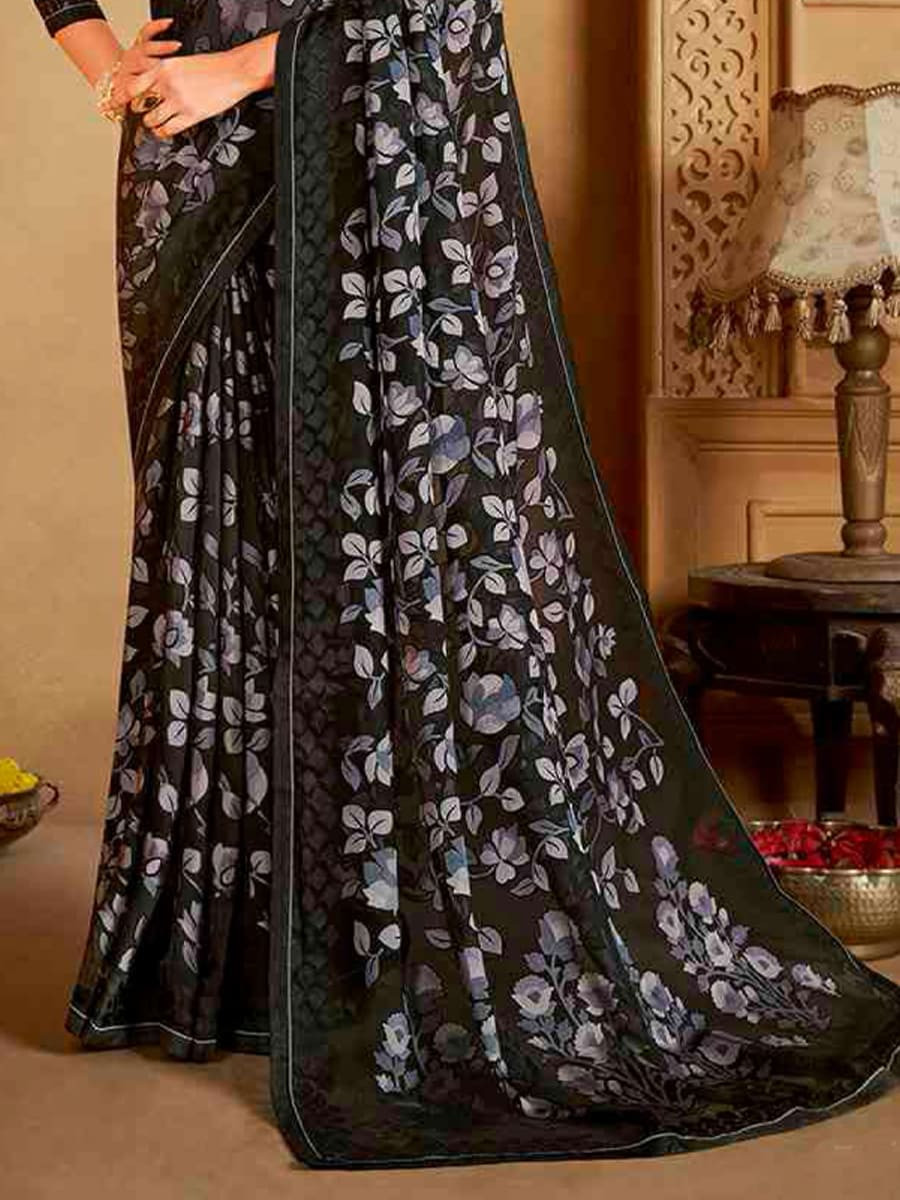 Black Organza Printed Festival Casual Contemporary Saree