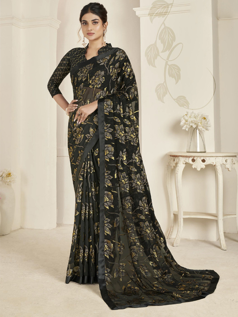 Black Organza Printed Festival Casual Contemporary Saree