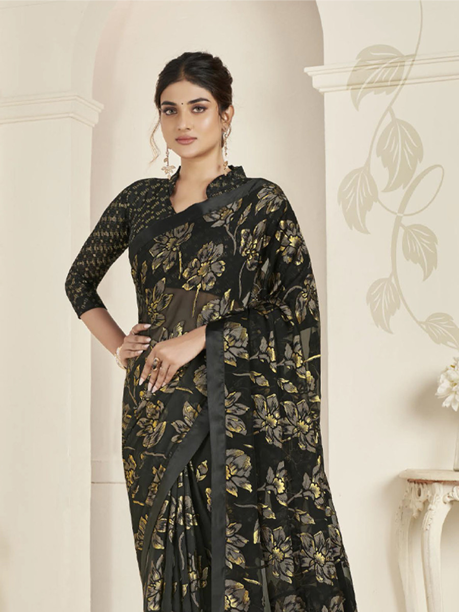 Black Organza Printed Festival Casual Contemporary Saree