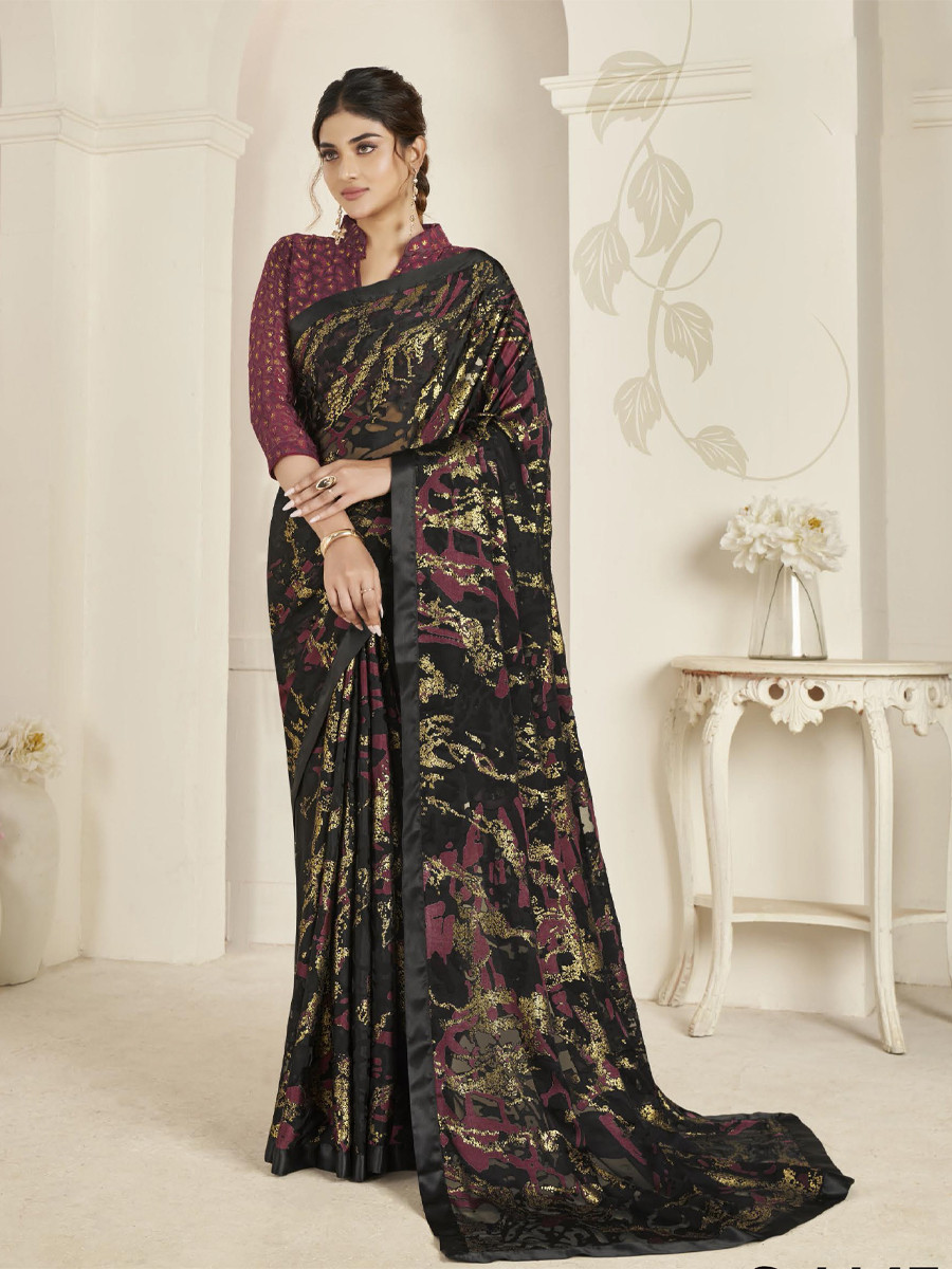 Black Organza Printed Festival Casual Contemporary Saree